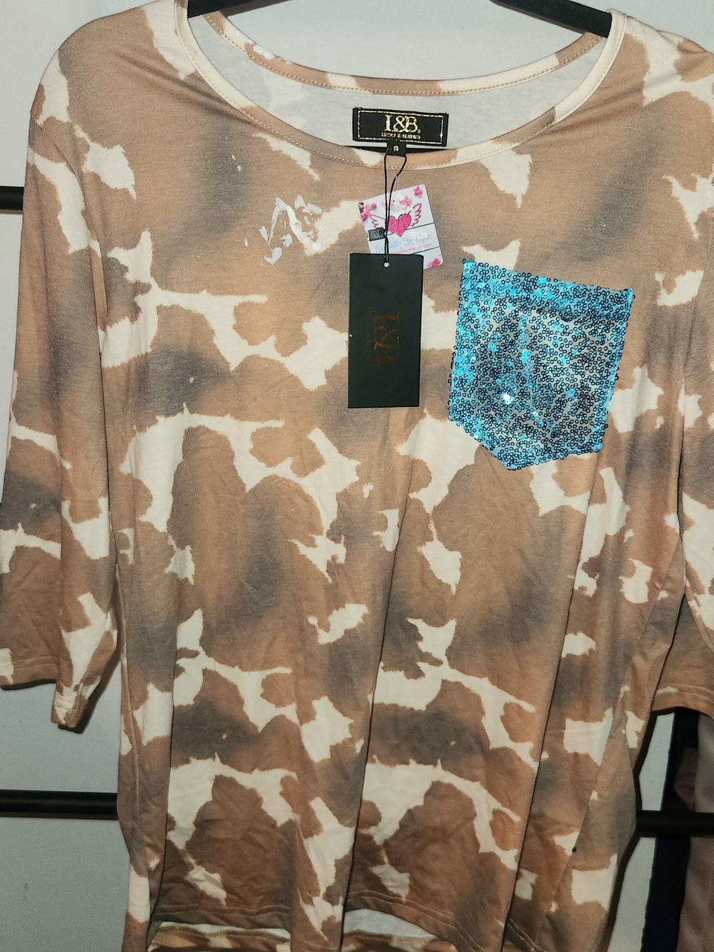 Lucky & Blessed Brown and Cream Tie-Dye Tee with Blue Sequin Pocket